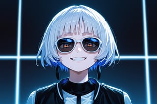 score_9_up,score_8_up, source_anime,solo,1girl,short-hair,bangs,long_sleeves,blue_dress,standing,jacket,white_hair,blunt_bangs,black_jacket,sunglasses,portrait,evil_smile,Nira-Chan