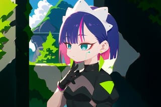 score_9_up,score_8_up, source_anime,solo,1girl, short hair, gloves, purple hair, multicolored hair, black gloves, maid headdress, earrings, Nira-Chan,