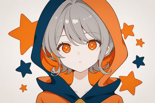 score_9_up,score_8_up, source_anime,spot_colors,solo,1girl,short-hair,white_background,multicolor_hair,two-tone-hair,gray_hair,orange_hair, orange_eyes, hoodie,hood,((hood_down)),long_sleeves,bangs,simple_background,Nira-Chan,brown_hair,grey_hoodie,