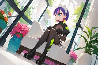 score_9_up,score_8_up, source_anime,solo,1girl, short hair, gloves, purple hair, multicolored hair, black gloves, maid headdress, earrings, Nira-Chan,sitting,full_body,dutch_angle