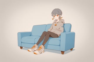 score_9_up,score_8_up, source_anime,spot_colors,solo,1girl,short-hair,multicolor_hair,two-tone-hair,grey_hair,orange_hair, orange_eyes,bangs,Nira-Chan,brown_hair,full_body,grey_hoodie,pants,shoes,sitting,couch,grey_background,