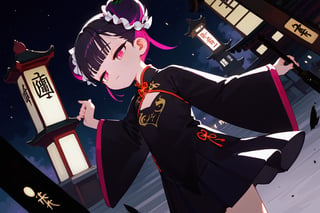 score_9_up,score_8_up, source_anime, (solo),1girl, vanishing point,atmospheric perspective, dutch angle,three quarter view,night,

 ,short hair, blunt bangs, black hair, closed mouth, pink eyes, purple hair, multicolored hair, two-tone hair,half closed eyes,skinny,hair_bun,double bun,chinese clothes,wide sleeves,pleated skirt,long sleeves,(shirt,black shirt),skirt,dress,


,Nira-Chan-StudyMe,SelectiveColorStyle