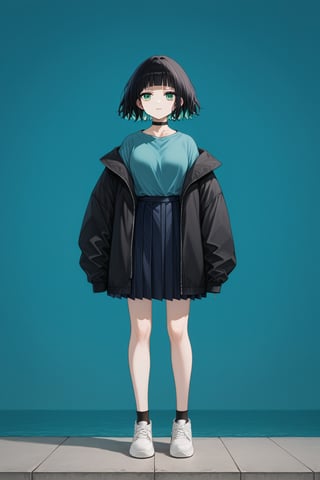 score_9_up,score_8_up, source_anime,solo,1girl,short-hair,multicolored_hair,bangs,skirt,shirt,black hair, long sleeves, green eyes, standing,jacket, full_body, pleated_skirt, open clothes, hood, blunt bangs, black jacket,choker,Nira-Chan,