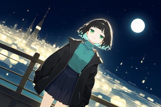 score_9_up,score_8_up, source_anime,solo,1girl,short-hair,multicolored_hair,bangs,skirt,shirt,black hair, long sleeves, green eyes,dutch_angle, full_body, pleated_skirt, open clothes, hood, blunt bangs, black jacket,choker,night,turtleneck,Nira-Chan,watercolor,SelectiveColorStyle