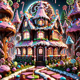 (candy land Wander through the haunted gingerbread house, where the walls appear to ooze with candy blood and the floors creak with the echoes of ghostly candy residents. Licorice vines wind through the windows, casting dark and eerie silhouettes), 8k octane render, high detail, masterpiece, hyperdetailed, intricate details