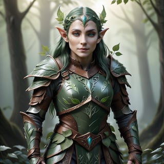 Elven Forest Guardian Leather Armor:
Generate an AI representation of an elven forest guardian wearing enchanted leather armor. The intricately crafted set incorporates nature-inspired motifs, such as leaves and vines. Ethereal glow emanates from the armor, blending fantasy and elegance.