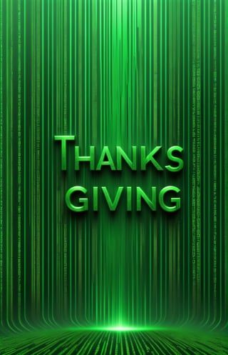 ("THANKS GIVING" text logo: 1.3), green, background, (simple background: 1.5), metal, intricate pattern, detailed vertical lines of green matrix code,Text