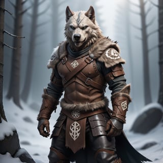  fierce Nordic berserker clad in leather armor adorned with fur accents. The set includes a reinforced chest piece, bracers, and boots. The design incorporates Nordic symbols, reflecting the warrior's connection to nature and the harsh northern landscapes.