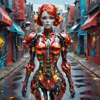  (a beautiful red hair glass skinned cyborg woman walking down the street in a fantasy world,),LinkGirl,cyborg style,origami,Glass,Skull Head, fanciful graffiti art, splash art swirling, whimsical street art, mischievous spray paint, oil gouache dripping, acrylic, high contrast, colorful polychromatic, ultra detailed, ultra quality, CGSociety,dripping paint,abstact