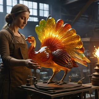 (Elvish craft woman making a detailed Glass blown turkey sculpture in a detailed glass workshop, furnace, detailed Glass blown turkey sculpture, close up, detailed glass work, working on, heat, hot), Epic cinematic brilliant stunning intricate meticulously detailed dramatic atmospheric maximalist digital matte painting,Glass,