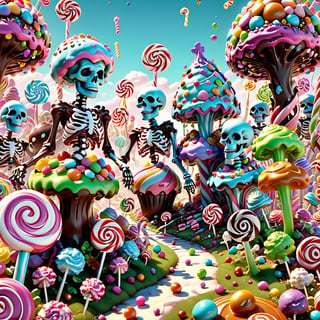 (candy land Visit the candy graveyard where gummy skeletons and chocolate zombies rise from the earth in a ghostly dance. Their bones rattle in the sweet breeze, creating an eerie symphony), 8k octane render, high detail, masterpiece, hyperdetailed, intricate details