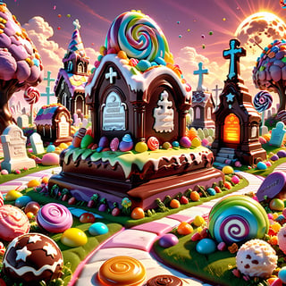 (candy land cemetery with tombstones made of chocolate, adorned with gummy epitaphs. As the sun sets, the tombstones emit an otherworldly glow, creating a hauntingly beautiful scene), 8k octane render, high detail, masterpiece, hyperdetailed, intricate details