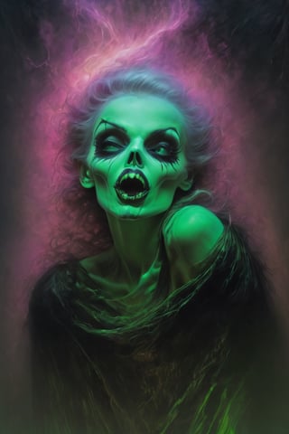 kiss make up, pink tongue out all the way, Modern art style on the theme of psychological fear in the style of gerald brom, light green nature ratio, fantasy horror art, photorealistic dark concept art, in style of dark fantasy art, lich vecna (d&d), detailed 4k horror artwork, Movie Still, an nude old woman has the colours of a pumpkin,  withering,  rotten,  staring froma dark cave,  spider webs,  scary wild tired eyes,  smelling of death,  scaring kids,  rotten teeth,  horror,  dark,  creepy,  black,  green,  wet,  cold and wild, ,HellAI