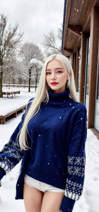 beautifull woman in a Navy blue Winter Sweaters Oversized Turtleneck Long Sleeve with white hair in the air, leather coat 