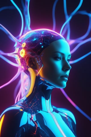 plasma as part of a human female, body, front facing, full body, front side, subsurface scattering, transparent, translucent skin, glow, Bioluminescent blood neurons,3d style,Cyberpunk style,full mask Movie Still, Leonardo Style, cool colors, vibrant, volumetric light, wide angle shot, fractal neuron background