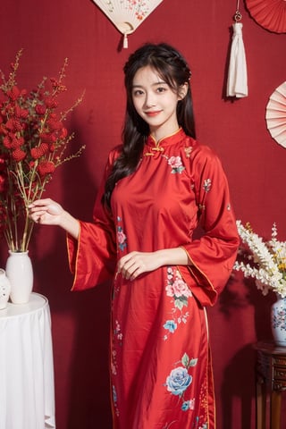 masterpiece, best quality, 1girl, solo, mane, black hair, indoors, chair, floral print, table, plant, holding hand fan, red aodai,aodaicuoi, smile, 