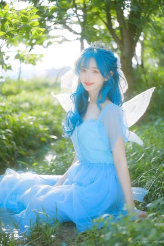  woman with blue hair and a blue dress is sitting in the water, water fairy, beautiful adult fairy, beautiful fairy, beautiful fairies, portrait of a fairy, beautiful fantasy art, fantasy art style, queen of the fairies, amazing fantasy art, digital fantasy art ), beautiful fairie, portrait of fairy, very beautiful fantasy art, faerie, fairy queen, mxmai, 20 year old, smile,