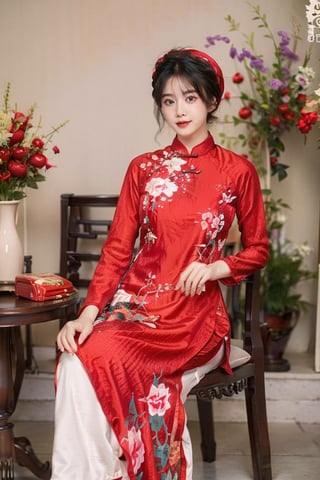 1girl, solo, short hair, black hair, sitting, indoors, chair, floral print, table, plant, hand fan, red aodai,aodaicuoi,perfect