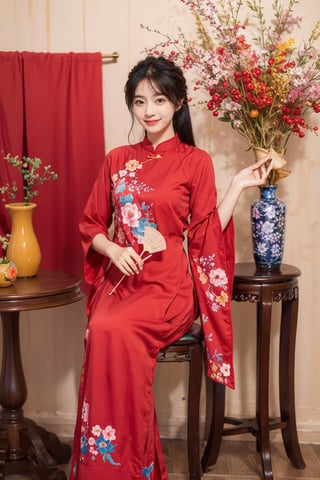 masterpiece, best quality, 1girl, solo, mane, black hair, indoors, chair, floral print, table, plant, holding hand fan, red aodai,aodaicuoi, smile, 