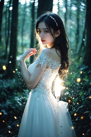 lovely white dress,  in the woods, glowing ice star, magical, fantasy, dreamy, . shallow depth of field, vignette, highly detailed, high budget, bokeh, cinemascope, moody, epic, gorgeous, film grain, grainy, cinematic film, alive,