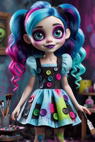 Hyper-realistic, Cinematic Render, creepy stop motion movie, Tim Burton style, full body portrait, young, tiny, very short, ((very cute)) Frankenstein monster girl, chibi, (light blue skin), black and magenta hair, creepy patchwork cloth dress, cut out cloth patches and (big neon stitches) , colorful buttons, high texture, splashes of colourful paint on dress and hands, (the letters "TA" on the dress) , very large blue eyes, (holding a ((large paintbrush)) and paint palette), strange oil painting in background, messy pigtails, magenta and blue hair, heavy makeup, cute smile, mischievous smile , creepy smile, muted colours, inspired by Paranorman movie ,3d style, high depth of field, 