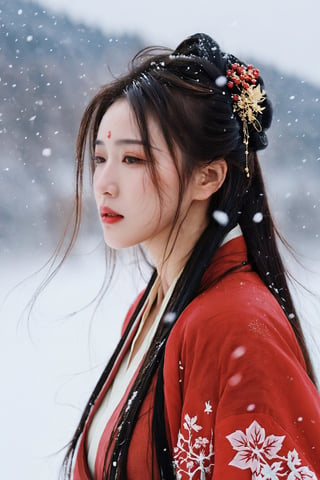 Best quality,(masterpiece:1.2),cinematic photo,1girl,A beautiful girl in red hanfu,Standing in the wind and snow,long hair blown by the wind,snow in the sky,upper body,snowing,snowy day,in winter,motion blur,(sad:1.1),(crying:1.1),close-up,(tears:1.1),(face focus:1.1),(close mouth:1.1),front view,