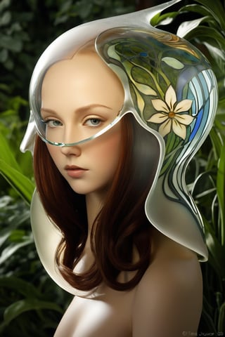 a girl made of glass,  inspired by natural forms such as the sinuous curves of plants and flowers.[1] Other characteristics of Art Nouveau were a sense of dynamism and movement, often given by asymmetry or whiplash lines, and the use of modern materials, particularly iron, glass, ceramics and later concrete, to create unusual forms and larger open spaces.,glass,enhanc3d