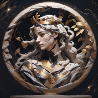 Deep marble image of a beautiful portrait of a girl with flowing hair, simple crown of flowers, in a circle pattern with a black background, see through the sculpture in parts,leonardo,M4rbleSCNEW,marb1e4rmor