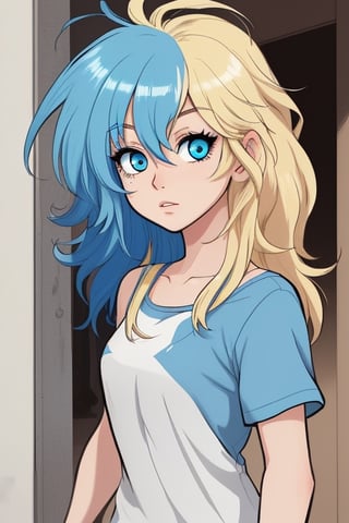 girl, messy_hair, blond_hair, blue_hair_strand, light_blue_eyes, cartoon