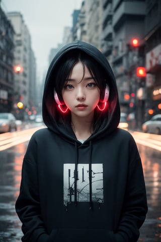 Girl alone, beautiful, solo, incredibly absurd, hoodie, headphones, street, outdoor, rain, neon, bokeh, aesthetic, masterpiece