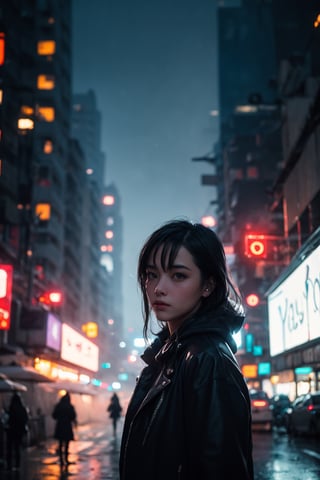 A portrait of young woman standing in the street, cyberpunk city, street vendor, neon lights, blue hour, misty, foggy, rainy, wide angle shot, shallow depth-of-field, bokeh, cinematic, masterpiece, best quality, high resolution