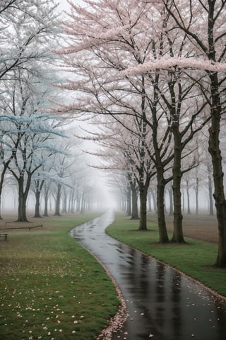 Photo of landscape, sakura forest, rainy weather, foggy, misty, dreamy, teal and blue, 8k uhd, high quality, film grain, Fujifilm XT3