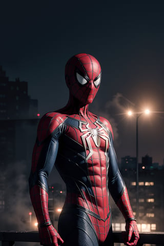 A photo of Peter Parker wearing Spider-man suit, stand in action pose at the building rooftop, windy, misty, foggy new york city at background, hi angle shot, depth of field, bokeh, into the dark, deep shadow, cinematic, masterpiece, best quality, high resolution