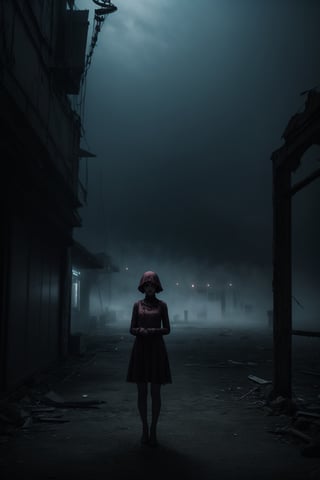 A clown girl standing alone in the eerie abandoned carnival at twilight, shrouded in mist and mystery, depth of field, cinematic, masterpiece, best quality, high resolution 