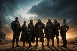 A family portrait of a dysfunctional orc family of 5 members, consisting of thieves, and con-artists and goons, hyperrealistic, cinematic, volumetric lighting, matte painting, masterpiece