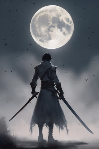 moonlight and fog:, wide shot, detailed, 1person, fullbody, gloomy, a terrifying figure with a huge sword, artistic,  complicated, 