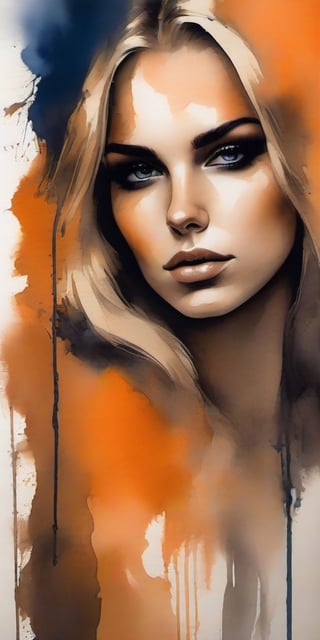 Masterpiece, best quality, highres and aesthetic painting of a dark orange wall with a shadow of a beautiful woman 21 y.o. from the half side of the bust of a blonde beautiful woman looking, open robe, small breasts, flat chested, with the chest in front, proudly presenting her gorgeous breast, blue eyes, thoughtful face, sensual, angelic face, penetrating look, provocative look, dim light, gorgeous breasts, lascivious girl, shadows, nsfw,ink 