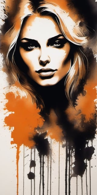 Masterpiece, best quality, highres and aesthetic ink art of a dark orange and black wall with a shadow of a beautiful woman 21 y.o. from the half side of the bust of a blonde beautiful woman looking, open robe, small breasts, flat chested, with the chest in front, proudly presenting her gorgeous breast, blue eyes, thoughtful face, sensual, angelic face, penetrating look, provocative look, dim light, gorgeous breasts, lascivious girl, shadows, nsfw,ink 