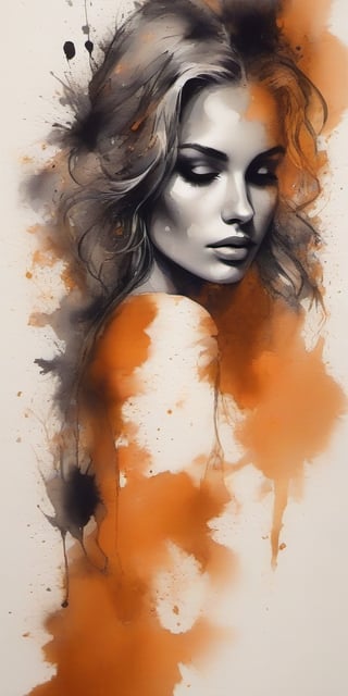 Masterpiece, best quality, highres and aesthetic ink art of a dark orange and black wall with a shadow of a beautiful woman 21 y.o. from the half side of the bust of a blonde beautiful woman looking, open robe, small breasts, flat chested, with the chest in front, proudly presenting her gorgeous breast, blue eyes, thoughtful face, sensual, angelic face, penetrating look, provocative look, dim light, gorgeous breasts, lascivious girl, shadows, nsfw,ink 