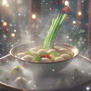 A captivating food photograph featuring a bowl of epic bakso, exuding a yummy, fantasy-like appeal. The scene is set in a cozy booth, with the bakso bowl at the center, radiating a magical glow. Celery floats magically within the sparkling soup, adding a whimsical touch. The image is styled in a Magical Fantasy aesthetic, with soft, glowing light and a dreamy, ethereal atmosphere, capturing the essence of a delightful, enchanting meal.