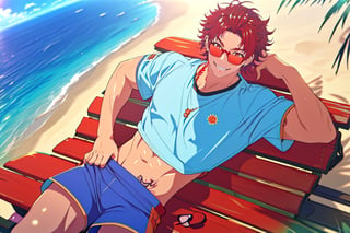 masterpiece,best quality,highly detailed character,1boy,solo,male focus,allen_sugasano,red hair, sun glasses, tattoo, summer theme,beach,blue shorts,underarm t-shirt,abs,smile,happy,sun bathing on the bench,shiny body,depth of field,pov,from above,aesthetic