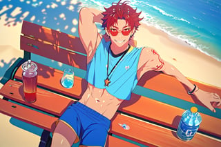 masterpiece,best quality,highly detailed character,1boy,solo,male focus,allen_sugasano,red hair, sun glasses, tattoo, summer theme,beach,blue shorts,underarm t-shirt,abs,smile,happy,sun bathing on the bench,shiny body,depth of field,pov,from above,aesthetic