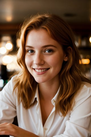 a close up photo of a 20 year old french woman in a blouse at a bar, seductive smile, ginger hair, cinematic light, film still,