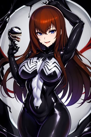 long hair, red hair, cowboy shot, makise kurisu, symbiote, venom, corrution, bodysuit, dark persona, smile, looking at viewer