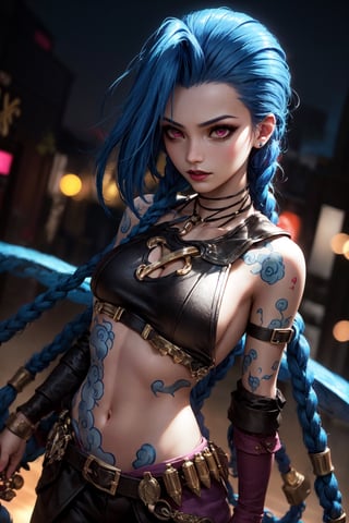 Holding_gun, (best quality, masterpiece, colorful, dynamic angle, highest detailed)(Jinx, Legue of Legends, Arcane), big_boobs, intense blue long hair, Jinx, Arcane, flirting, bokeh, (intricate details, hyperdetailed:1.15), full-body_portrait ,JinxLol,underboob tattoo,ase_sese