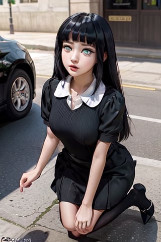  Choppermeme, 1girl, solo, bangs, dress, school uniform, green eyes, black hair, ahoge, shoes, black footwear, black dress, shadow, parody, looking up, child, meme, female child, eden academy school uniform,hinata