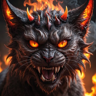 Detailed face closeup photo, of a demon cat, horns, fangs, glowing demon eyes, fire, smoke, natural light 