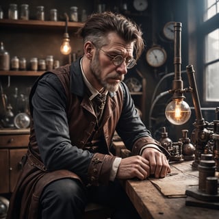 Detailed photo of a sad and crying steampunk man engineer, in his laboratory, sitting on a working bench, natural light 