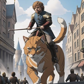 Tyrion Lannister from game of thrones is riding a giant cat through a city 