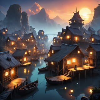 Closeup Artwork of a futuristic fantasy Fisher village , epic sunrise, epic lights